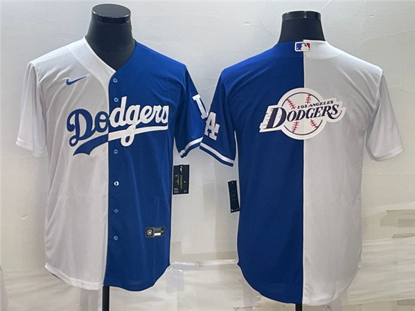 Men's Los Angeles Dodgers White Blue Split Team Big Logo Cool Base Stitched Baseball Jersey